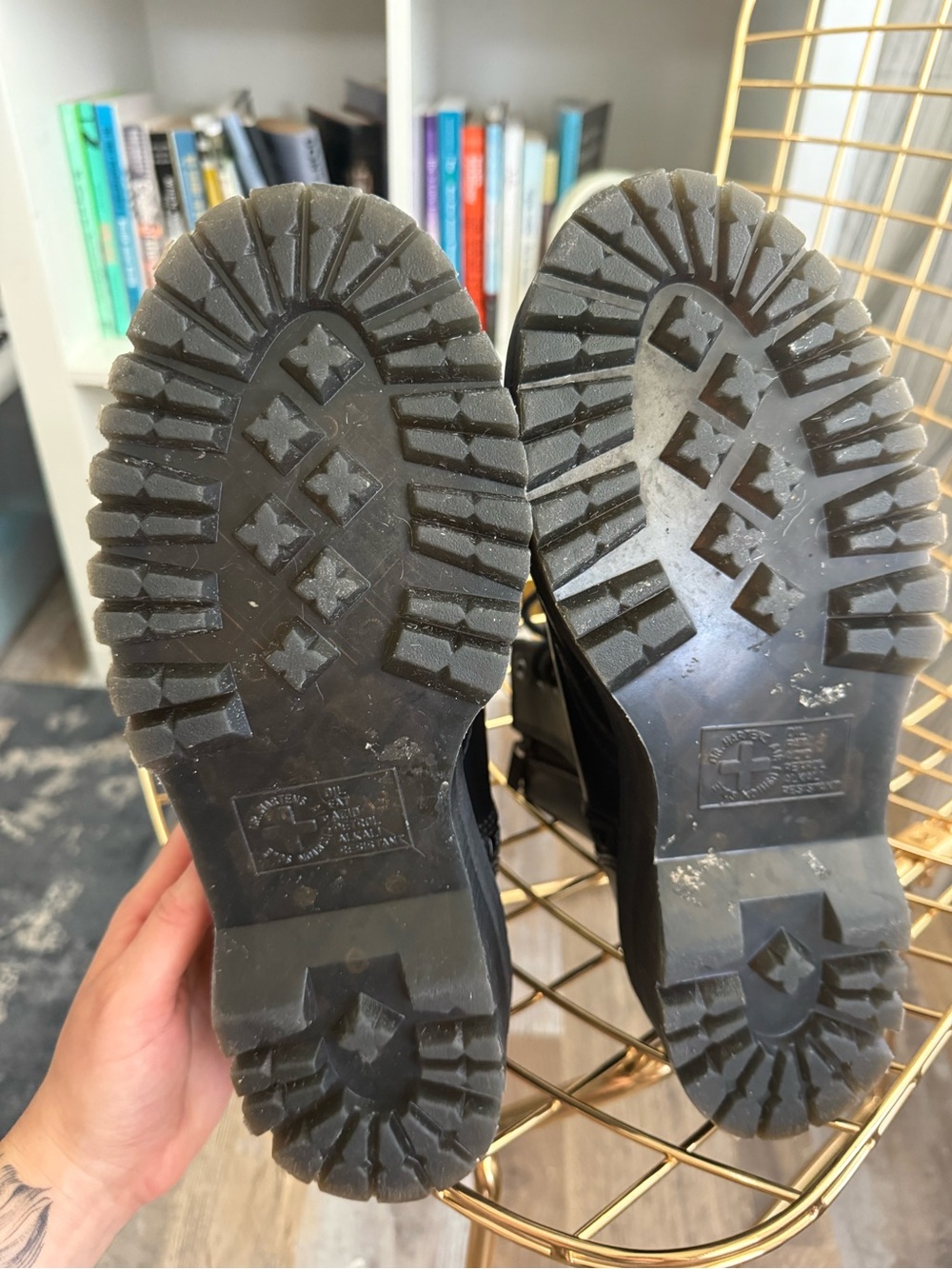 Dr. Martens Black Platform Combat Boots with Yellow Stitching - Picture 3 of 4